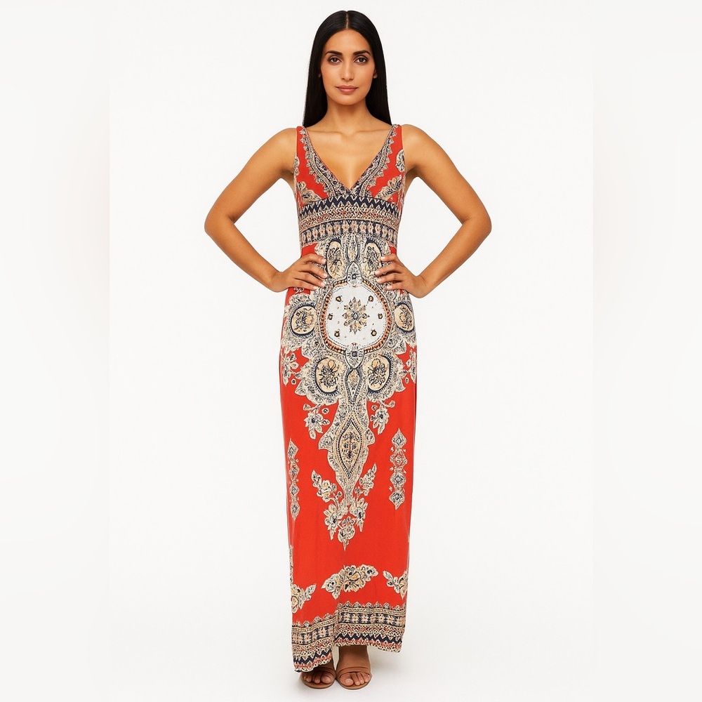 Metropark Orange Print V-Neck Low Back Maxi Dress Size M Cinched Waist Boho